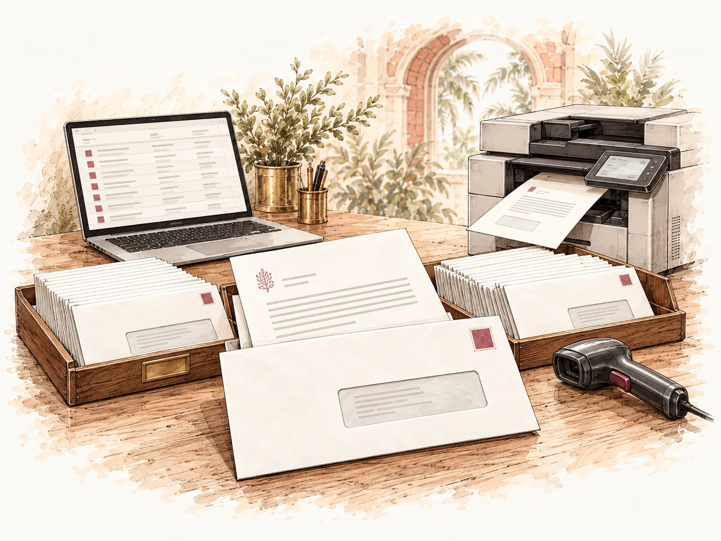 Hand-drawn modern mailroom with a laptop, digital printer and trays of prepared letters and envelopes
